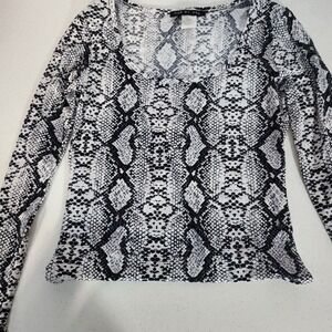 One By One Womens Snakeskin Print Sequin Long Sleeve Scoop Neck Bodysuit Black L